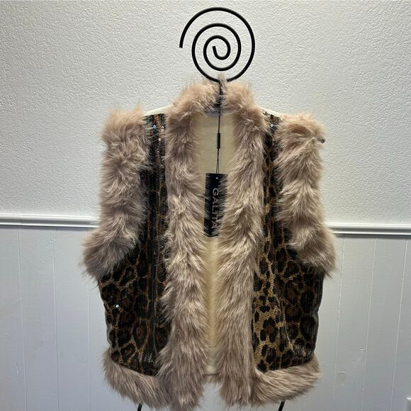 NWT, Women’s One-Size Leopard Sequin Faux Fur Trim Vest, K643 - Picture 4 of 14
